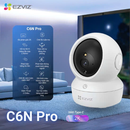 Camera Wifi Ezviz C6N 2K 3Mpx- xem và đàm thoại 2 chiều trên điện thoại - có nút bấm cảm ứng trên camera để gọi về app -Hàng chính hãng