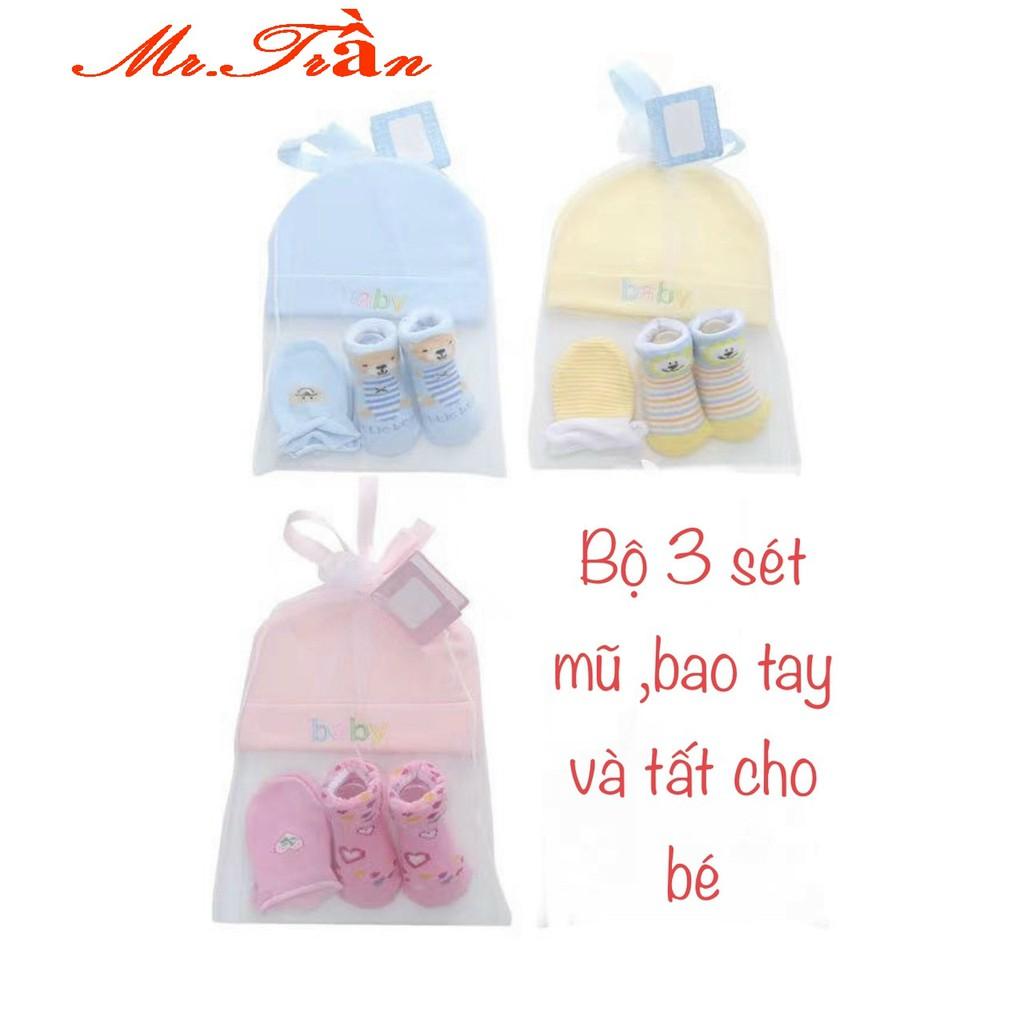 set 3 bộ sơ sinh cho bé gồm Mũ Bao chân Bao tay cotton