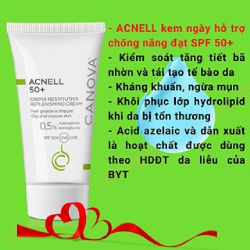 Kem ngừa mụn ban ngày dành cho da mụn, nhạy cảm CANOVA Acnell 50+ 50ml