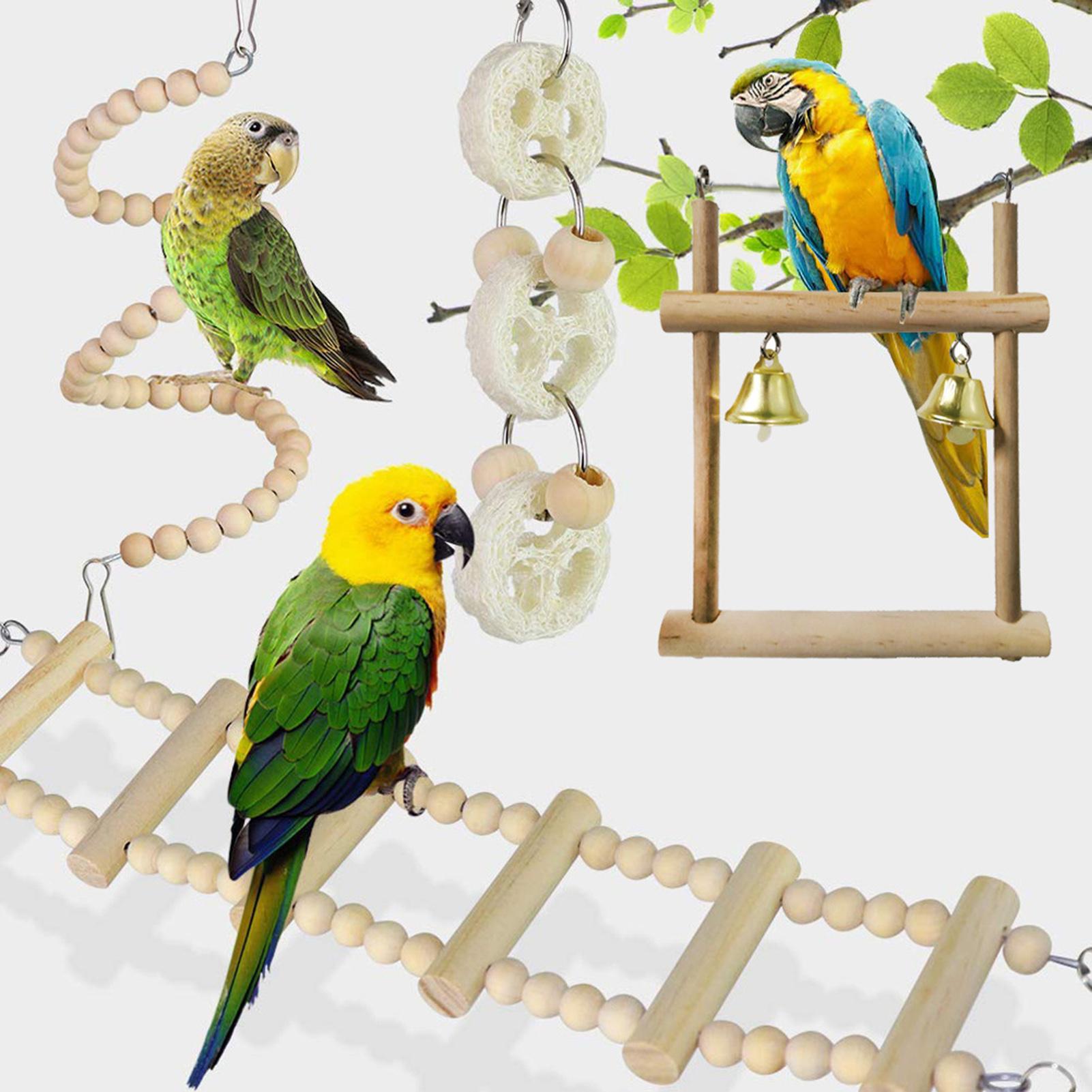 8 Pieces Parrot Chewing Toys Bird Toys Wooden Swing Soft Ladder Ladder Wooden Beads Rotating Stairs