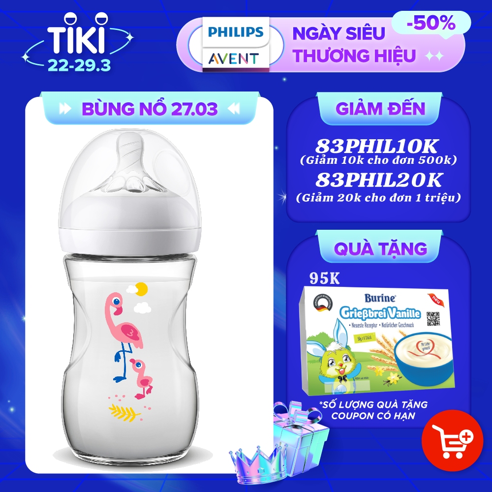 Bình  sữa Mô phòng tự nhiên Philips Avent dung tích 260ml cho bé từ 1 tháng tuổi (họa tiết Hippo/Flamingo)