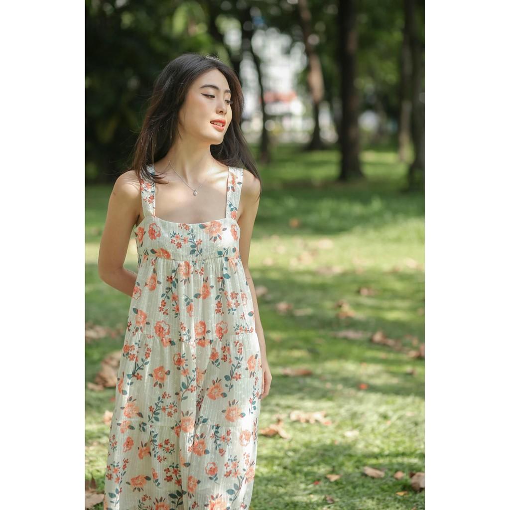 ĐẦM MAXI HOA NHÍ CAM XANH 2 DÂY XÒE DÀI VẢI KATE THÊU HOA TRẮNG NHÍ-hình thật cận vải