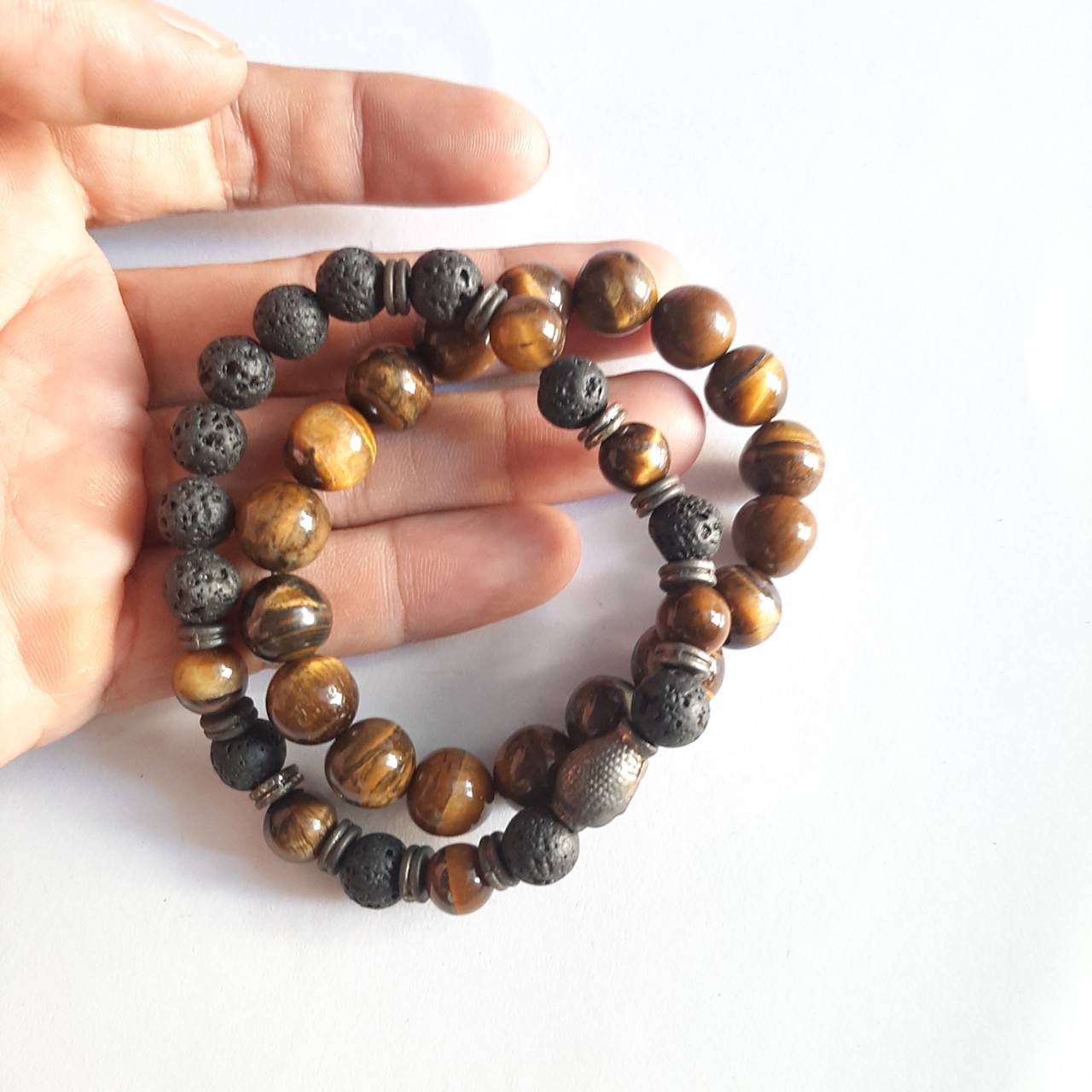 Combo 2 vòng tay nam nữ unisex hạt 8ly-10 ly đá mắt hổ tự nhiên và đá núi lửa