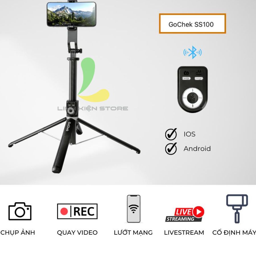 Gậy chụp ảnh GoChek SS100 - Tripod/ selfi bluetooth điện thoại, livestream, vlog đa năng kéo dài 2m2 - Hàng chính hãng