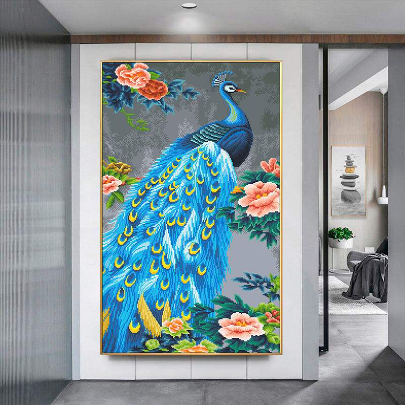 Tranh thêu kín Công lấp lánh D09366, kích thước 50 x 74 cm