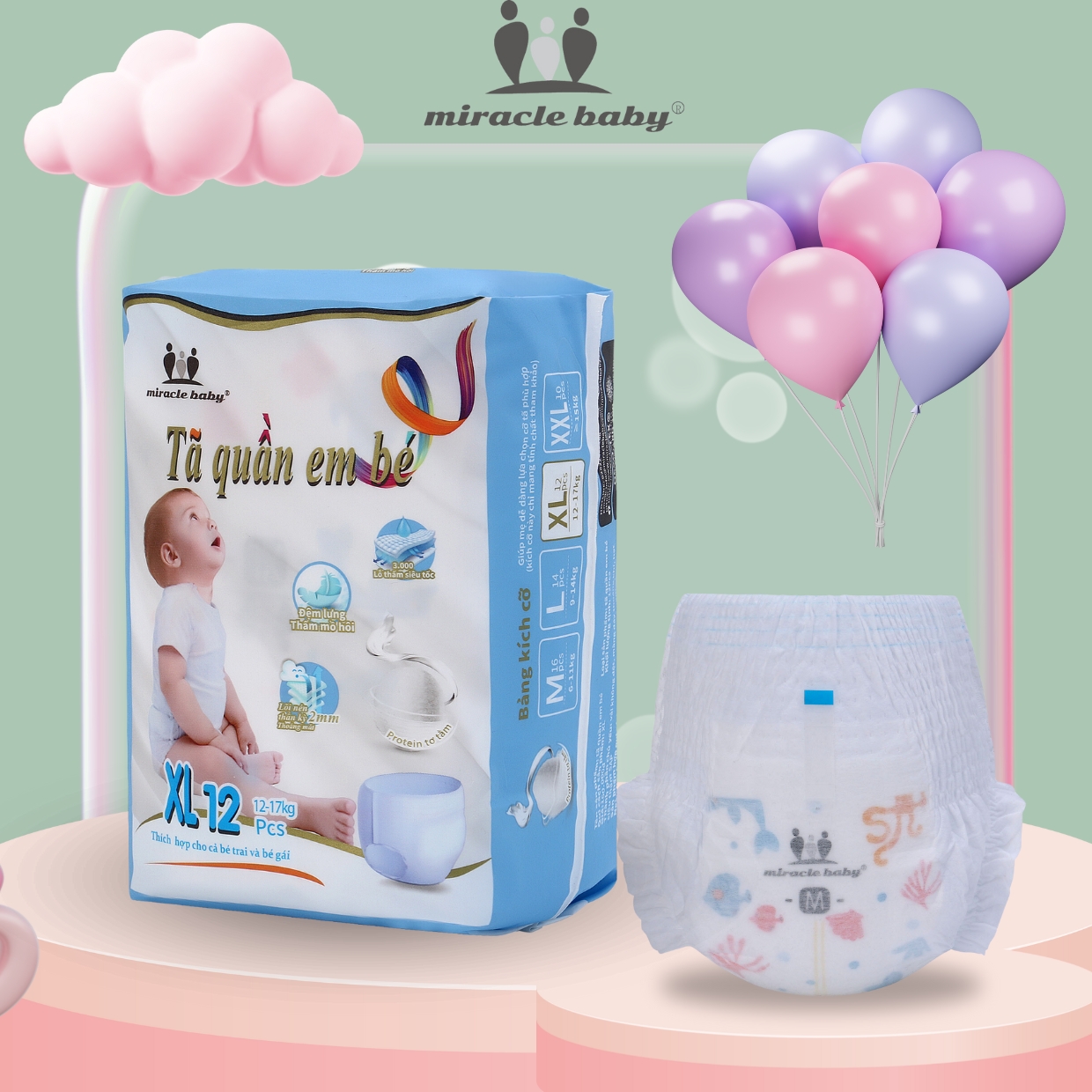 Tã/Bỉm Quần MiracleBaby cho bé từ 3 tháng tuổi trở lên 4 size M16/L14/XL12/XXL10