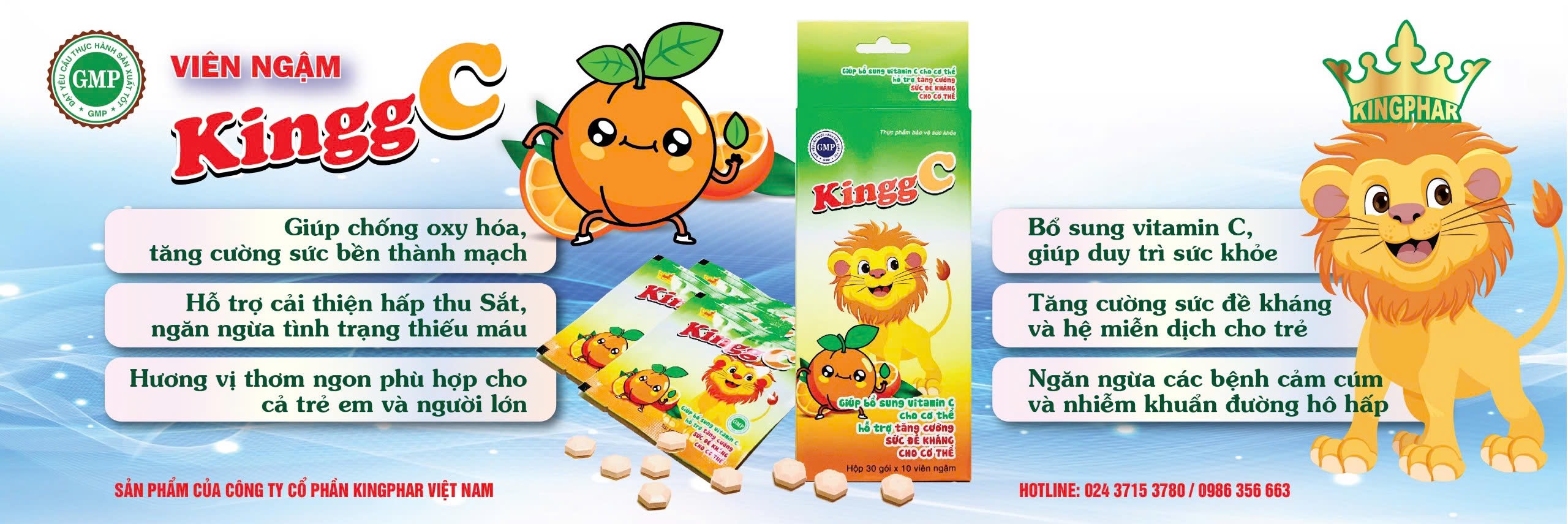 Viên ngậm Kingg C (Hộp 30 gói * 10 viên ngậm )- Hỗ trợ tăng cường sức đề kháng cho cơ thể