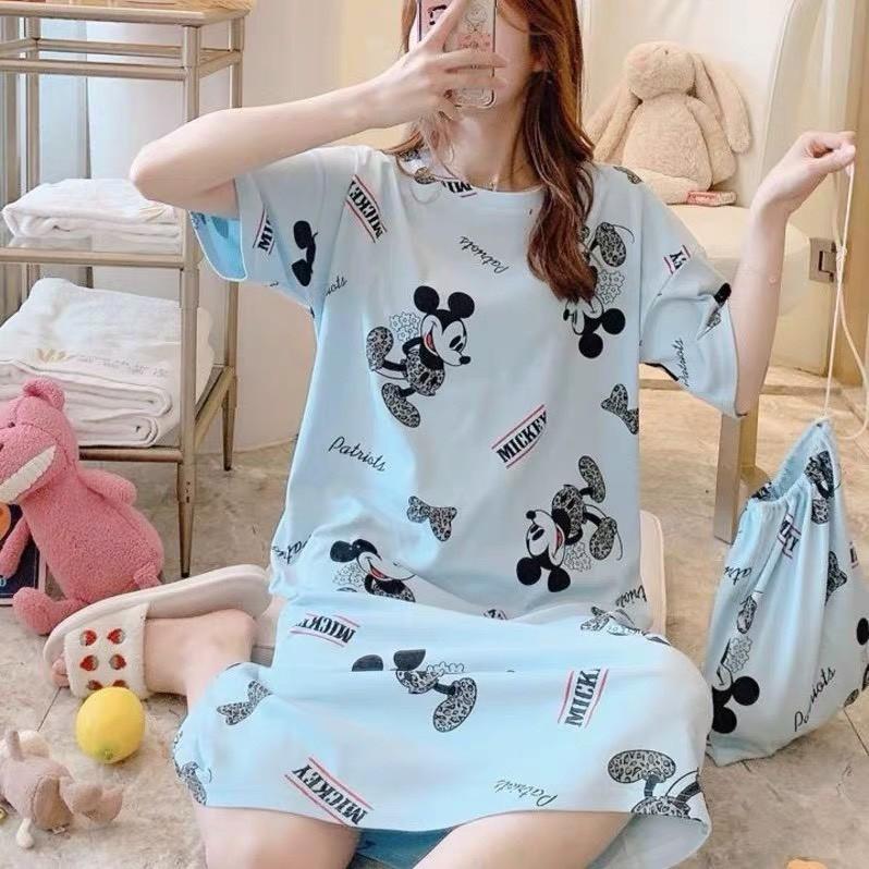 Váy ngủ cộc tay dáng suông đầm ngủ chất thun sữa mềm họa tiết dễ thương bầu bí bon chen V285