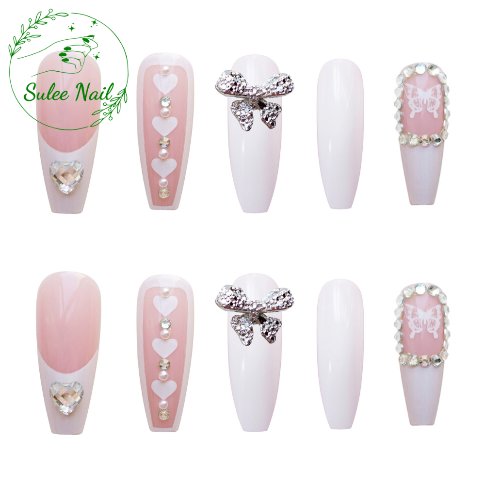 Nail xinh đính nơ, nailbox mẫu phụ kiện móng tay giả Suleenail chụp kỉ yếu