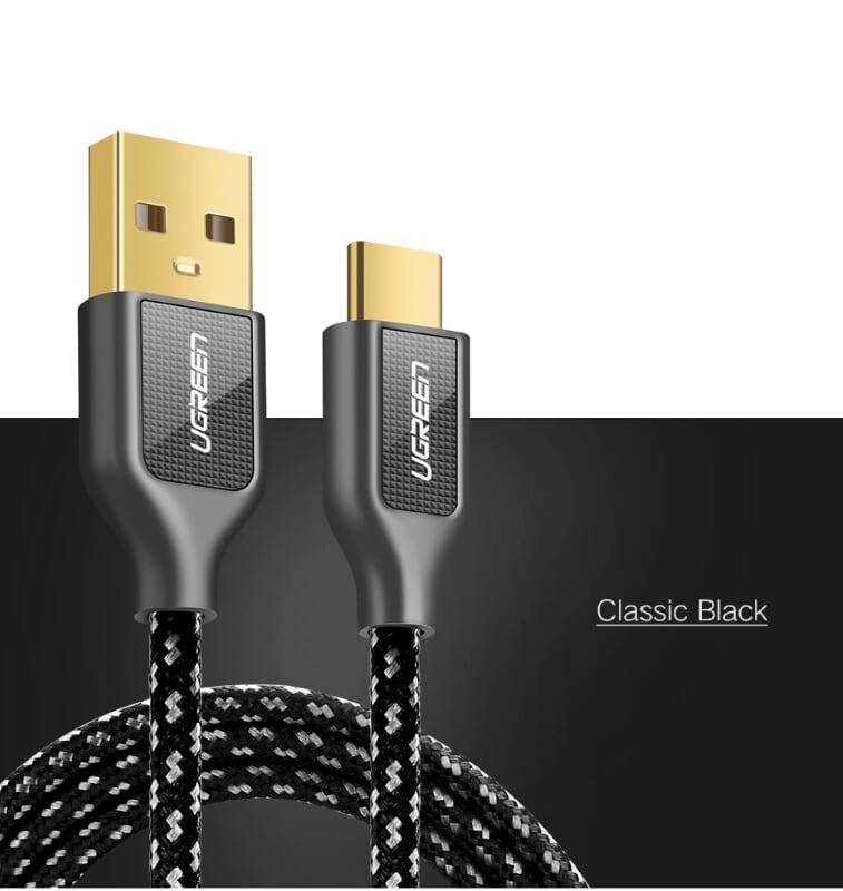 Ugreen UG50144US259TK 1.5M màu Đen Cáp sạc truyền dữ liệu USB 2.0 sang TYPE C vỏ bọc lưới đầu mạ vàng - HÀNG CHÍNH HÃNG