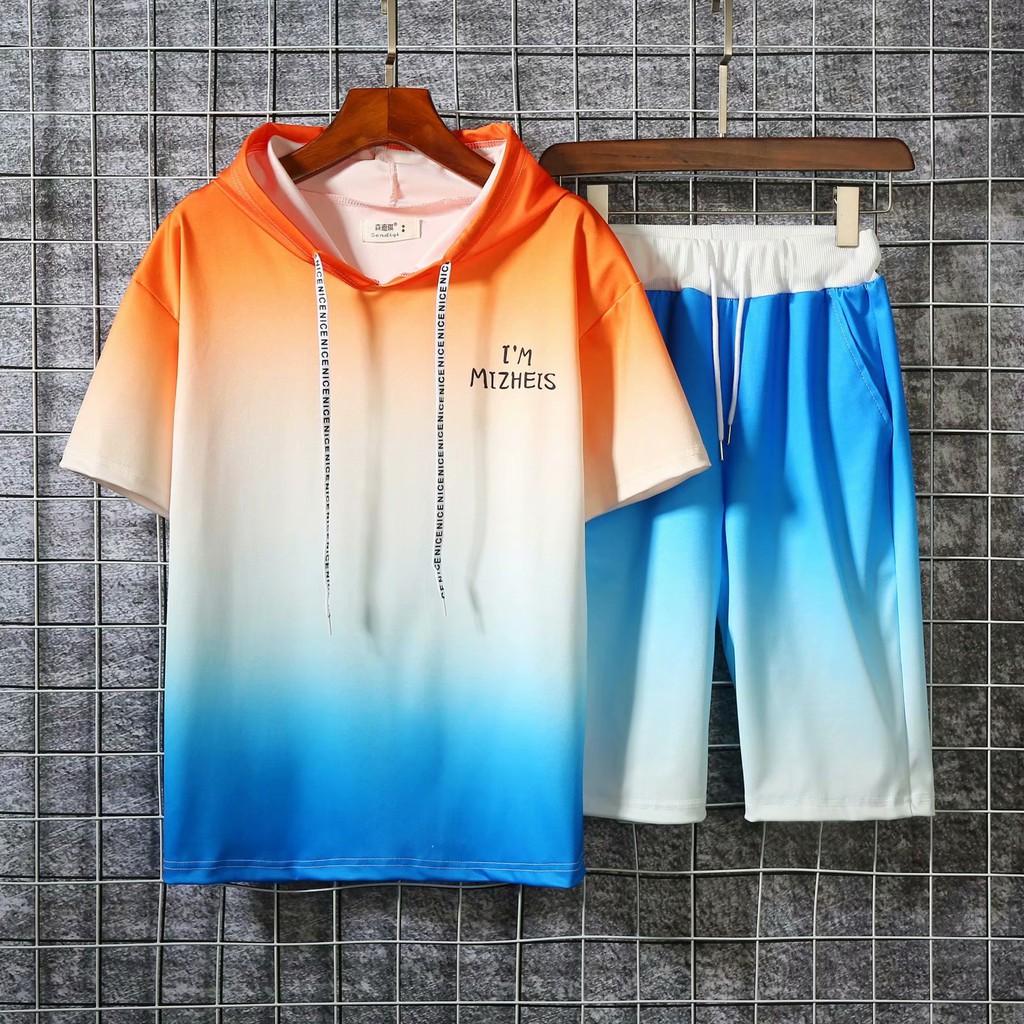 Áo Hoodie Tay Ngắn Dáng Rộng Phối Màu Gradient Thời Trang Mùa Hè