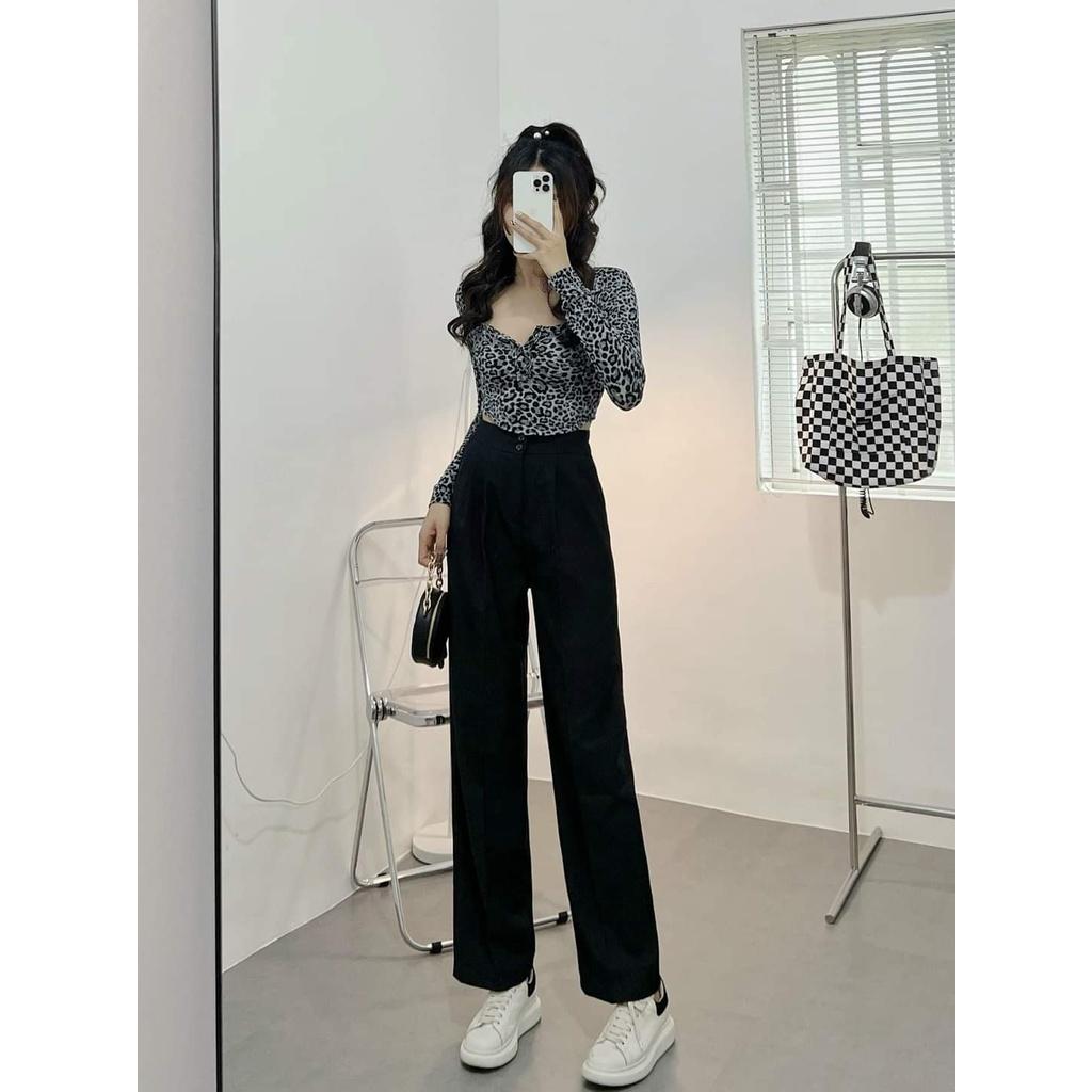 Quần vải ống suông cạp khoá màu đen mềm dáng dài - Quần tây nữ lưng cao ống suông công sở