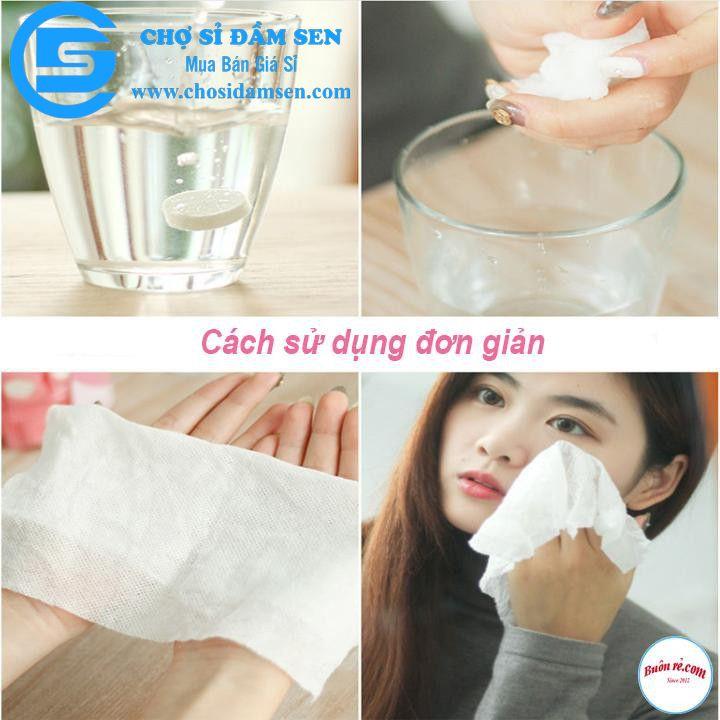 Set 50 Khăn giấy nén hình viên kẹo, khăn giấy ướt dùng khi đi du lịch lau mặt mềm mại siêu dai hình vuông loại cao cấp