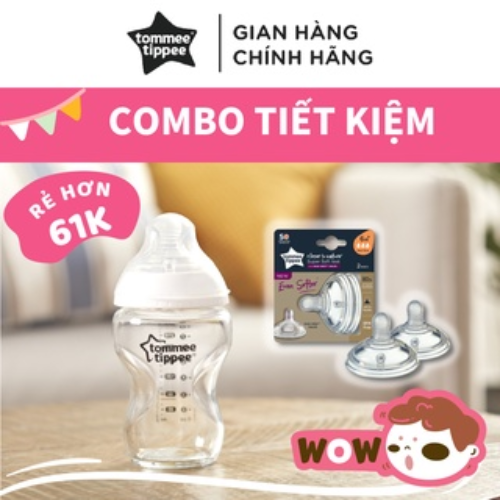 COMBO Bình Sữa PPSU Ty Siêu Mềm Tự Nhiên Tommee Tippee 260ml Hoạ Tiết &amp; Núm Ty Silicon Thay Thế 6M+