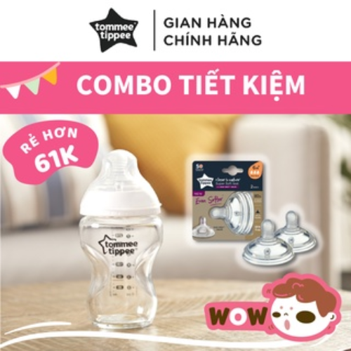 COMBO Bình sữa thuỷ tinh ty siêu mềm tự nhiên Tommee Tippee Closer to Nature 250ml &amp; Núm ty silicon thay thế 6M+