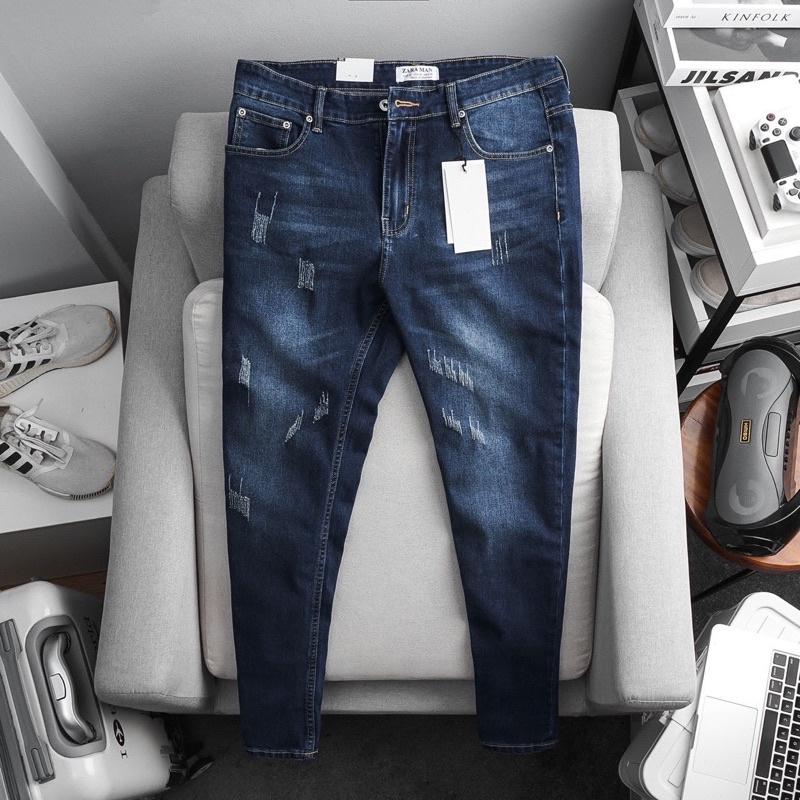 Quần Jean Nam Xanh Đậm mài rách ôm dáng xuất dư xịn chất bò co giãn