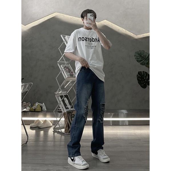 Baggy jeans rách gối tưa nhiều quần ống rộng nam wash 2 màu