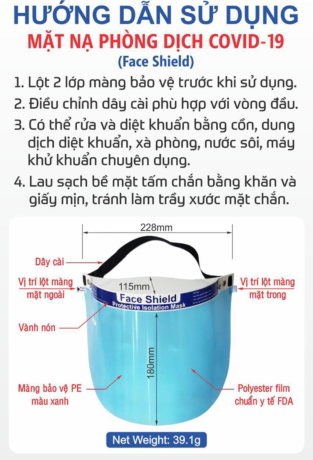 Tấm chắn trong suốt bảo vệ mặt cao cấp, không gây lóa mắt, free size. Chắn giọt bắn, khói, bụi, nước bọt. Tái sử dụng nhiều lần, Sát trùng bằng nước sôi, cồn 90 độ và các dung dịch khử khuẩn y tế khác (Face Shield)