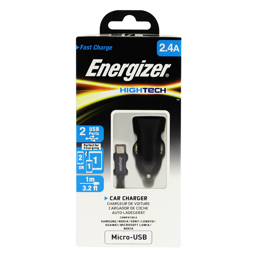 Bộ Adapter Sạc Xe Hơi 2 Cổng 2.4A Và Cáp Sạc MicroUSB Energizer - DCA2BHMC3