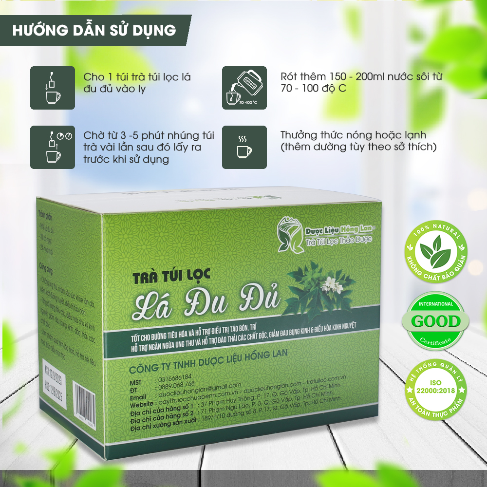 Trà Túi Lọc Lá Đu Đủ 60g (20gói x 3g) Dược Liệu Hồng Lan