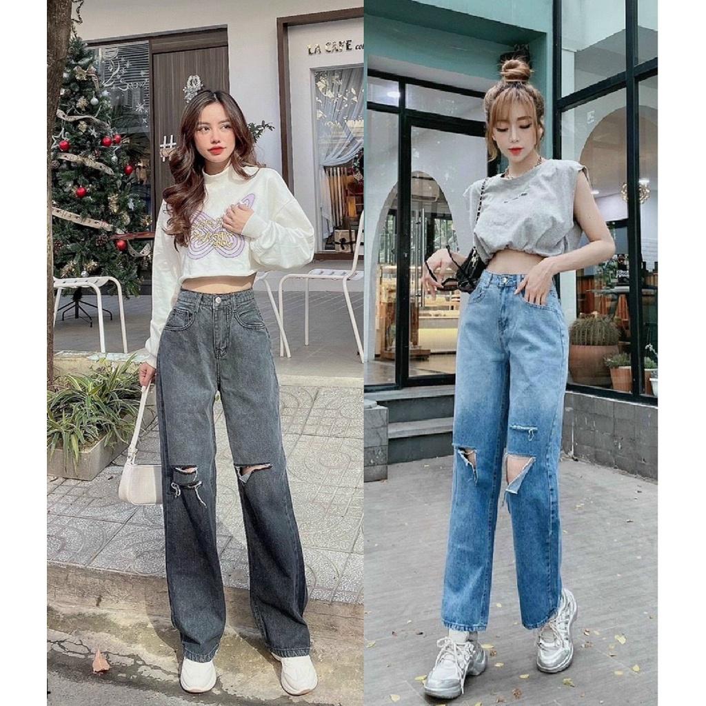 Quần Jean Nữ Ống Rộng Lưng Cao Rách Gối Phong Cách Ulzzang Năng Động, Chất Bò Dày Dặn 2 Màu Xanh Và Xám NB Stores