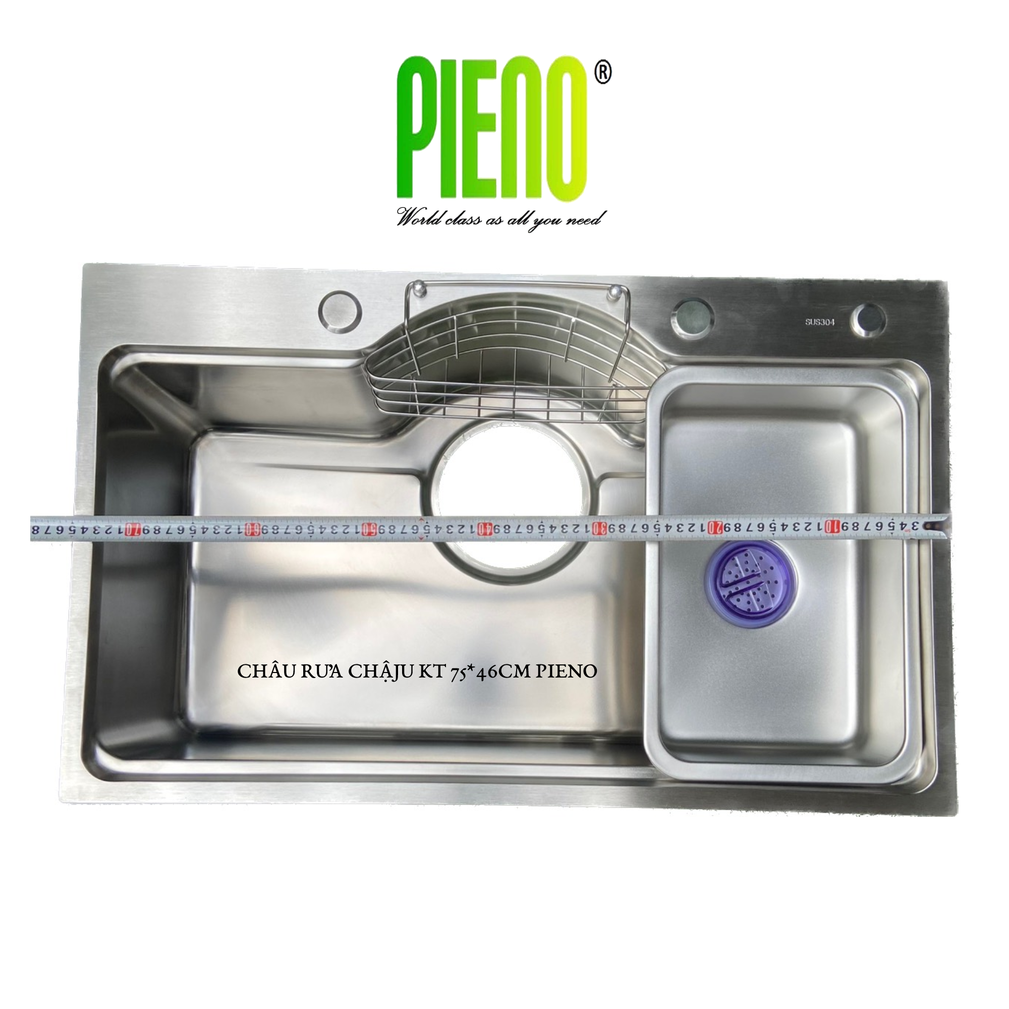 Chậu rửa chén inox 304 1 hố bán nguyệt kích thước 75x46 full phụ kiện PIENO