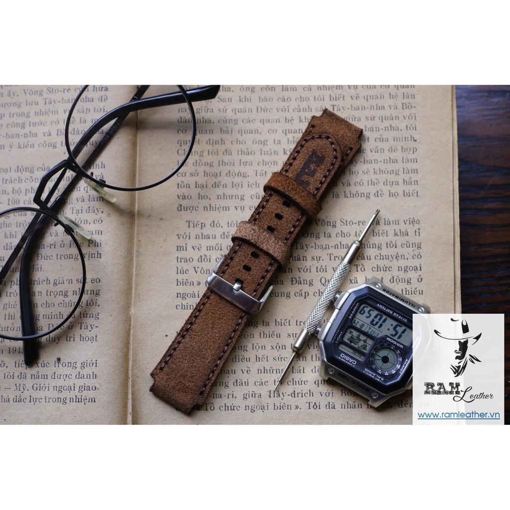 DÂY ĐỒNG HỒ DA BÒ LỘN NÂU ĐẬM - DA BÒ THẬT - RAM CLASSIC 1960 - RAM LEATHER -ĐỦ SIZE 18,20,22,CASIO,APPLE WATCH