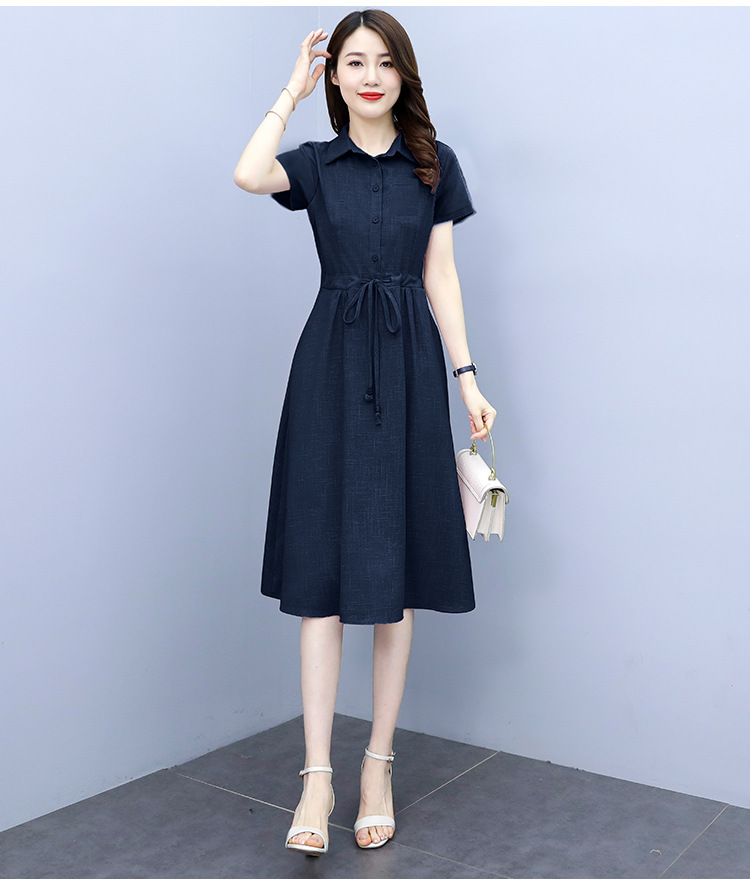 Đầm váy sơ mi nữ dáng dài cộc tay, có túi ngực kèm dây rút eo phong cách nữ công sở Đũi Việt