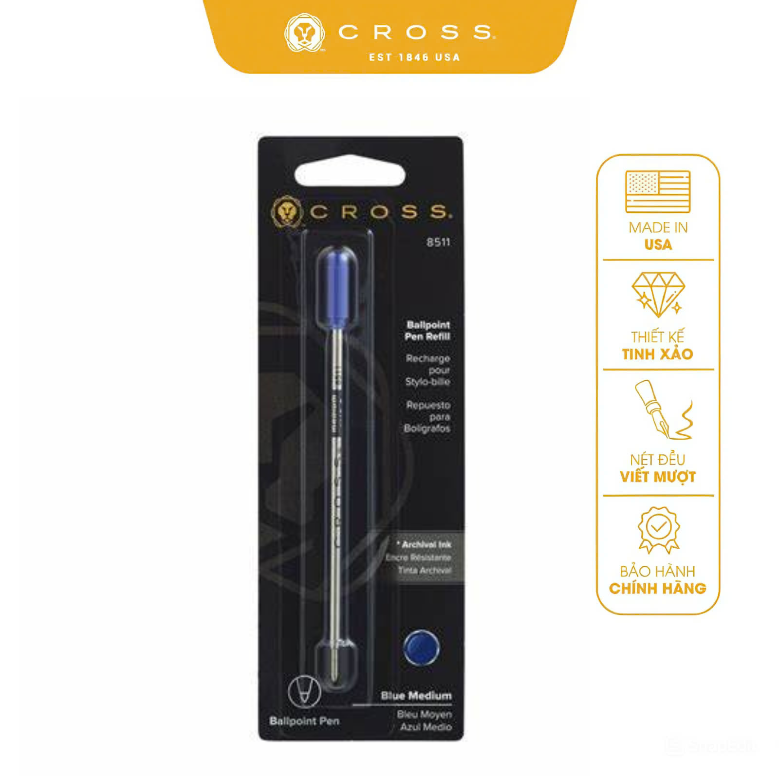 Ruột bút bi khô CROSS cao cấp - mực xanh - ngòi trung - vỉ 1 cái