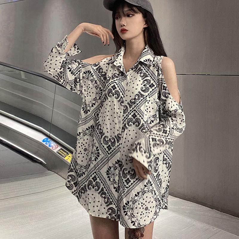 NEW Áo Sơ Mi Nữ Tay Dài Trễ Vai In Họa Tiết Thời Trang