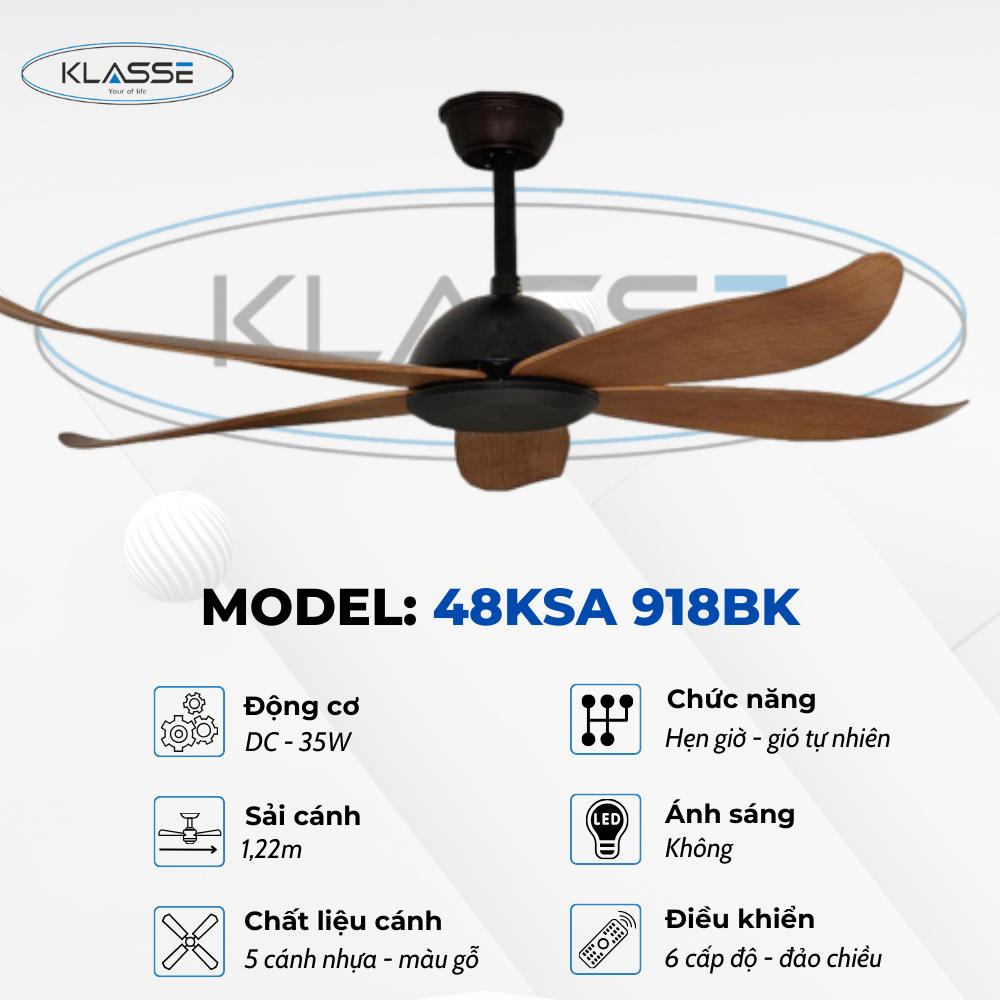 Quạt trần không đèn Klasse 48KSA 918BK hàng chính hãng