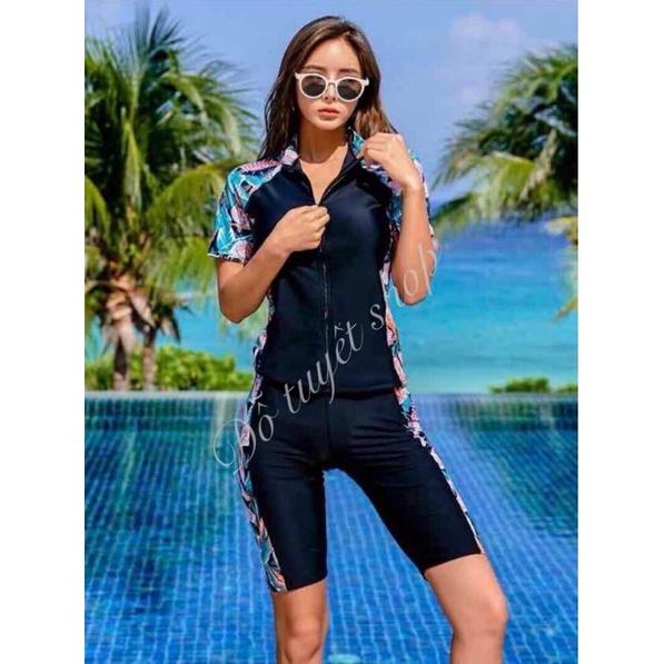 bộ bơi nữ áo tay ngắn có kéo khóa kèm quần lững,free size 40 đến 60 ký,thiết kế may siêu đẹp