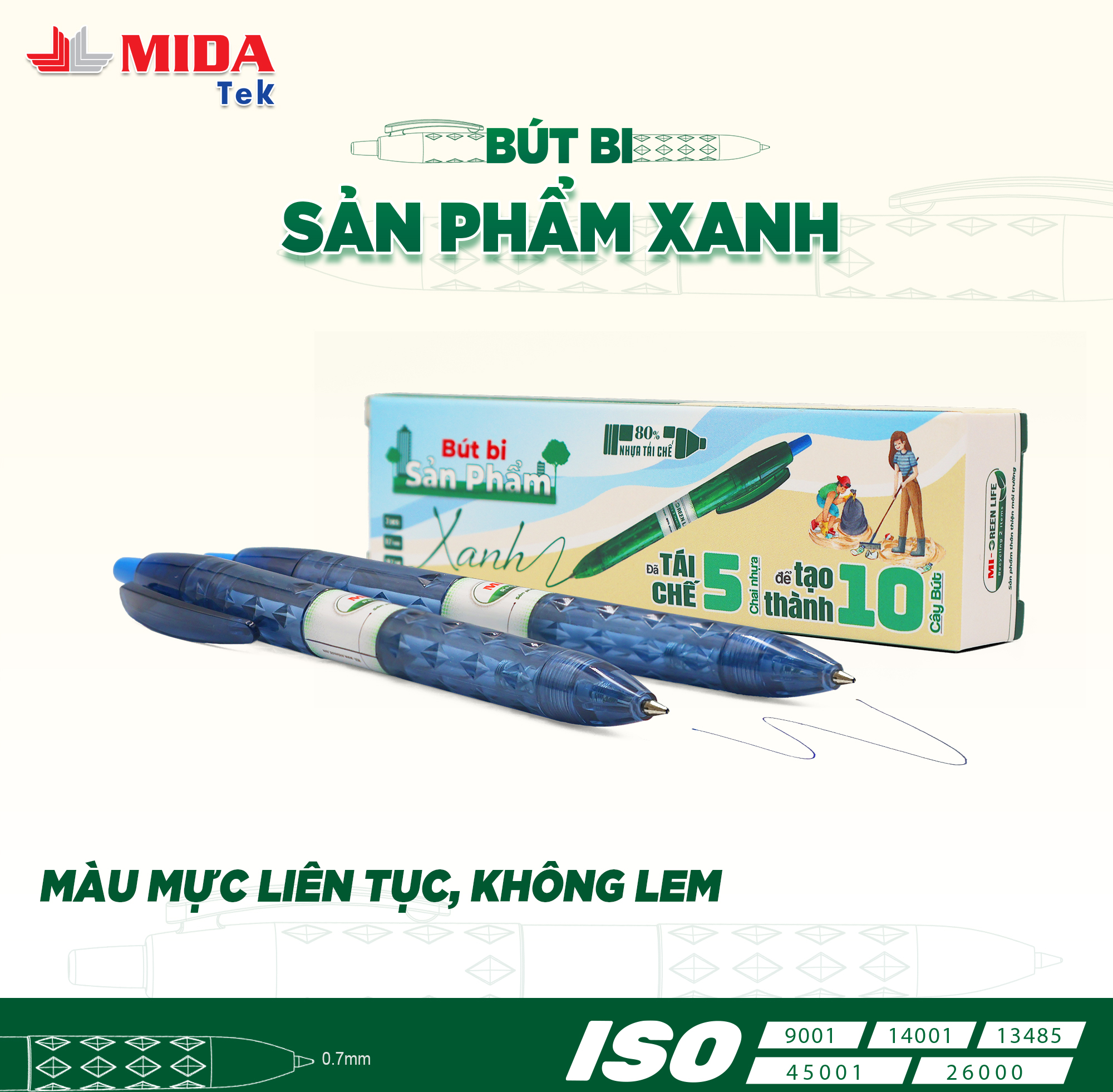 Bút bi xanh dương MIDATEK 3 cây/ hộp, nguyên liệu nhựa tái chế