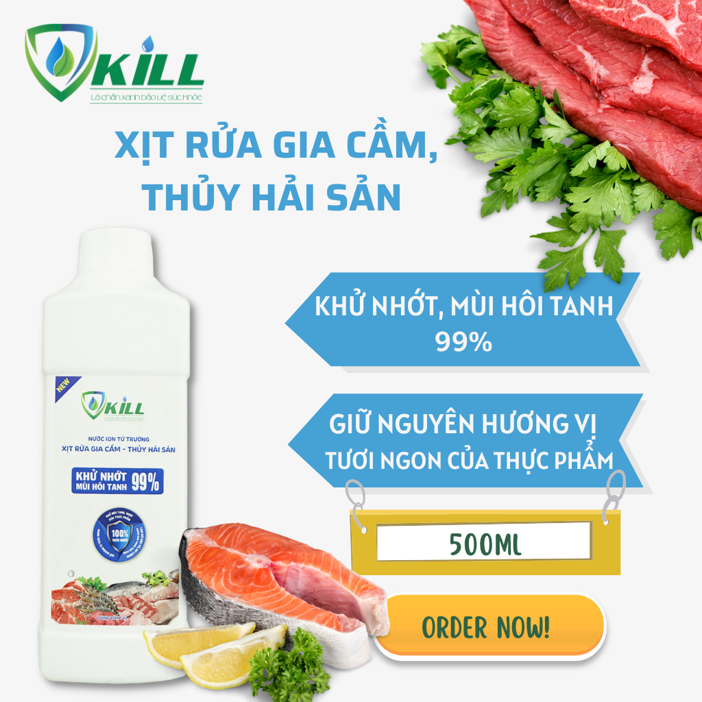 Nước ion từ trường Vkill 1000ml rửa gia cầm và thủy hải sản làm sạch nhớt cá diệt khuẩn 99,9% cam kết an toàn