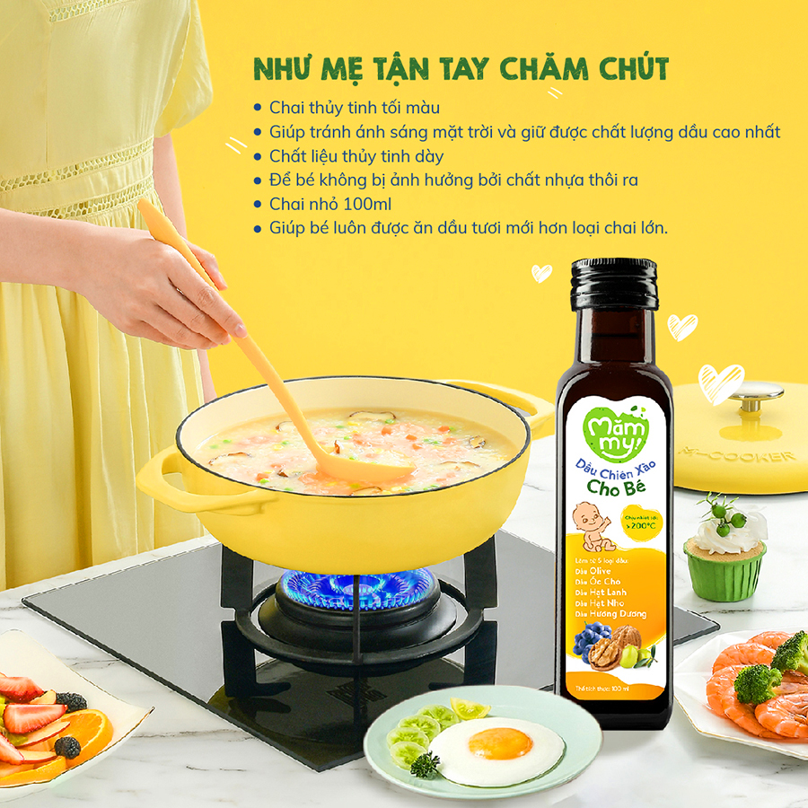 Dầu chiên xào cho bé Mămmy 100ml chịu nóng trên 200 độ C, làm từ 5 loại dầu tốt lành