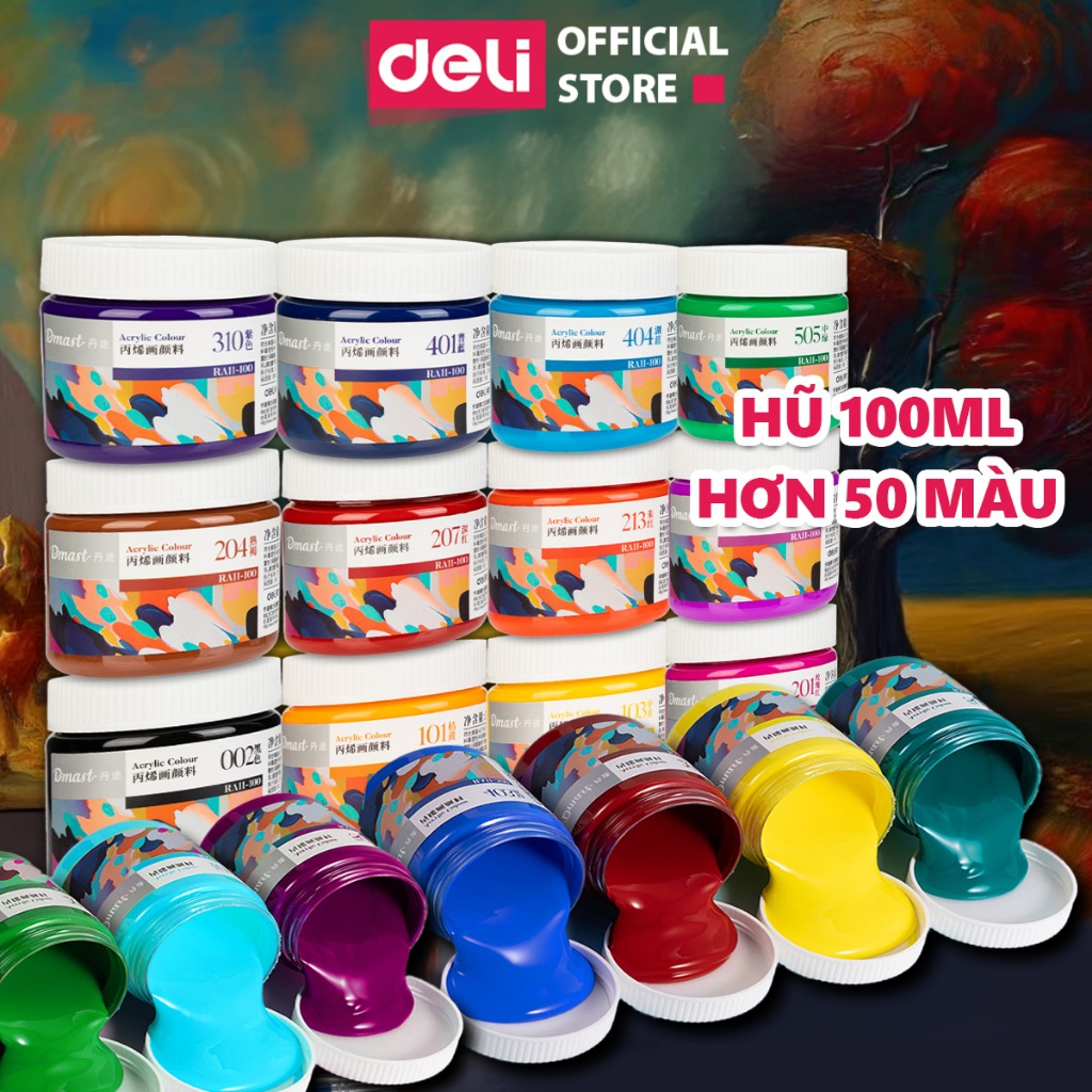 Màu Nước Acrylic Dmast Dạng Hũ 100ml Cao Cấp Deli - Dùng Để Custom Trên Vải Giày Tường Đá Full Bảng Màu Vẽ Chuyên Nghiệp