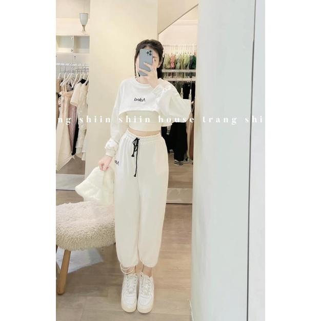 Set đồ đi biển,Sét 3 món áo croptop dài tay phồng kèm 3 lỗ phối quần bom trắng phong cách hiện đại thời trang nữ