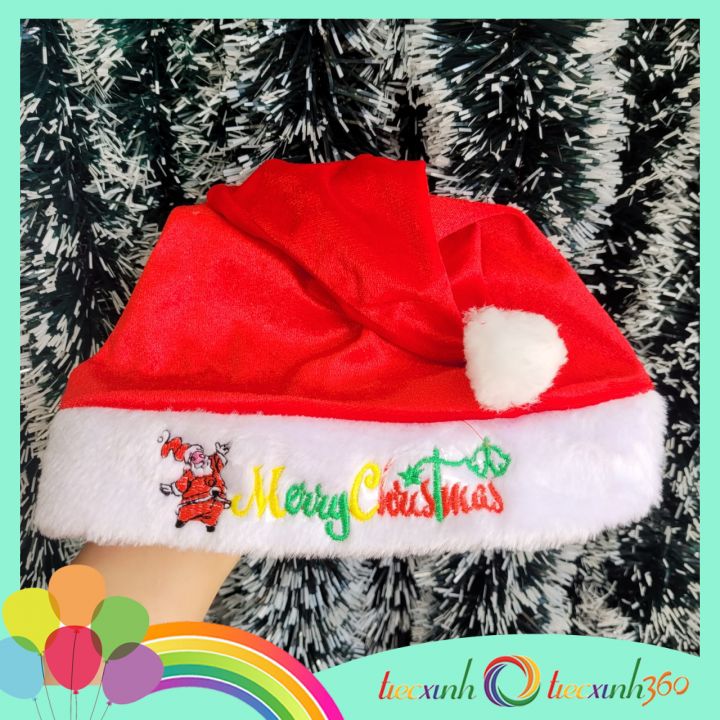 Nón Noel vải nhung viền thêu chữ Merry Christmas