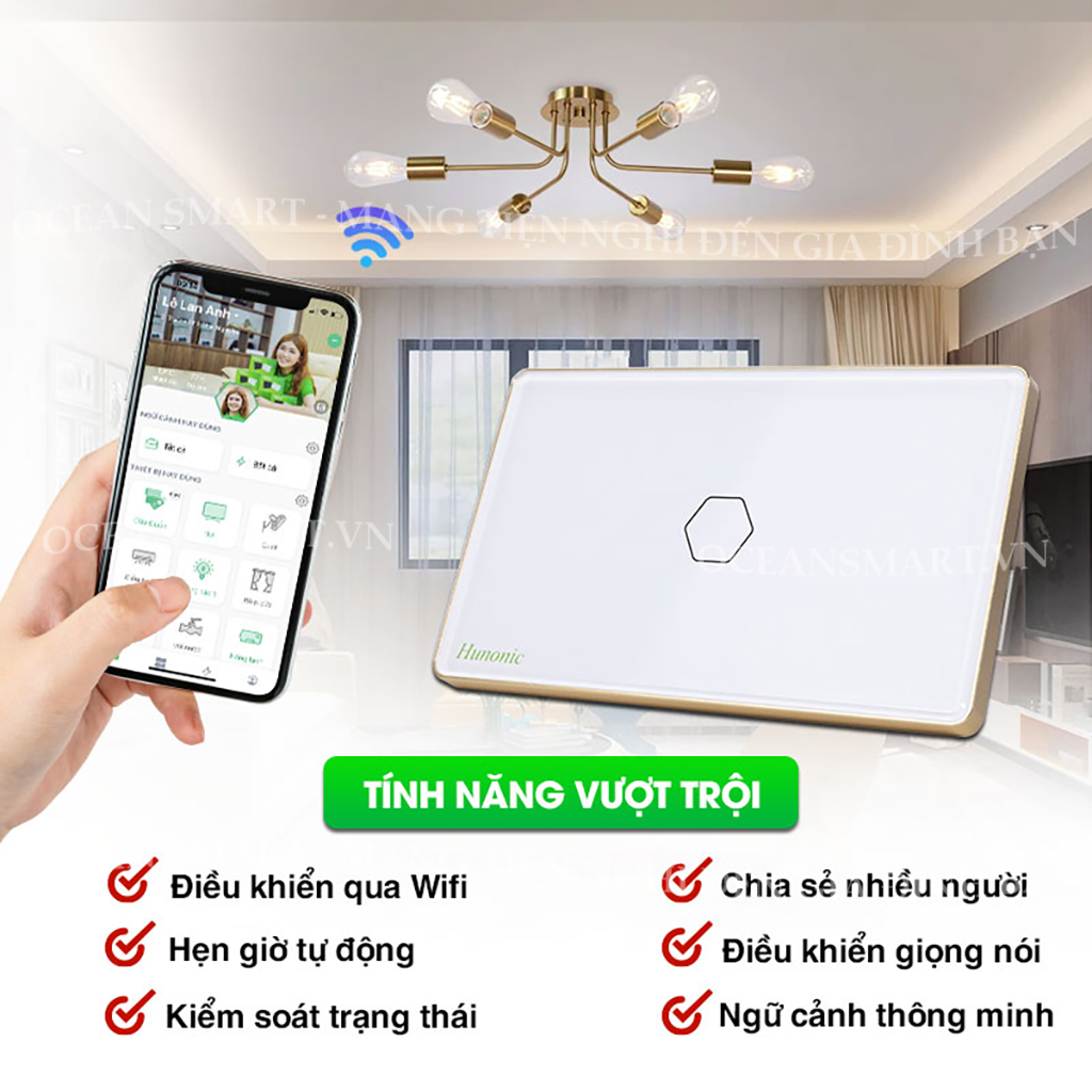 Công Tắc Cảm Ứng Thông Minh, Công Tắc Wifi HUNONIC Hình Chữ Nhật Có Viền - HNSC