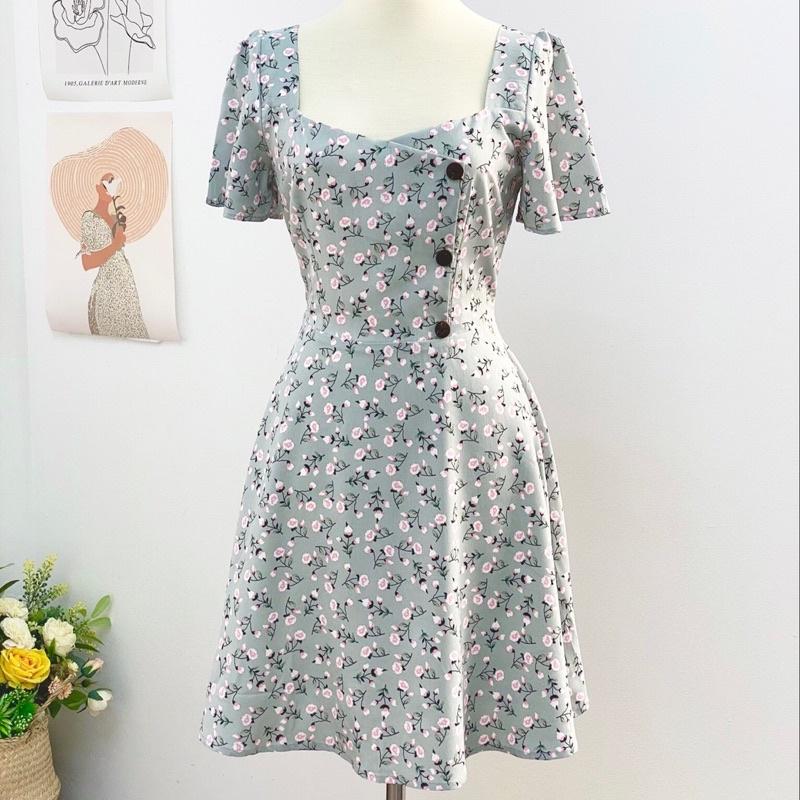 Đầm nữ cổ vuông tay cánh tiên, đính nút dừa thân trên, hoa nhí-NA5
