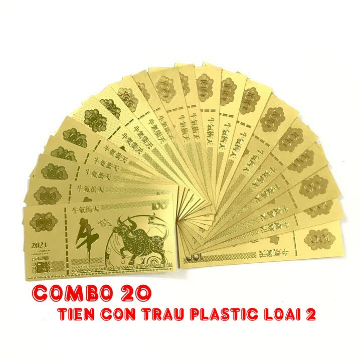 Combo 20 tờ lưu niệm 100 hình con Trâu màu vàng, chất liệu nhựa plastic, dùng để trang trí trong nhà, treo cây hoa mai, làm tiền lì xì, quà mừng dịp Lễ, Tết 2021