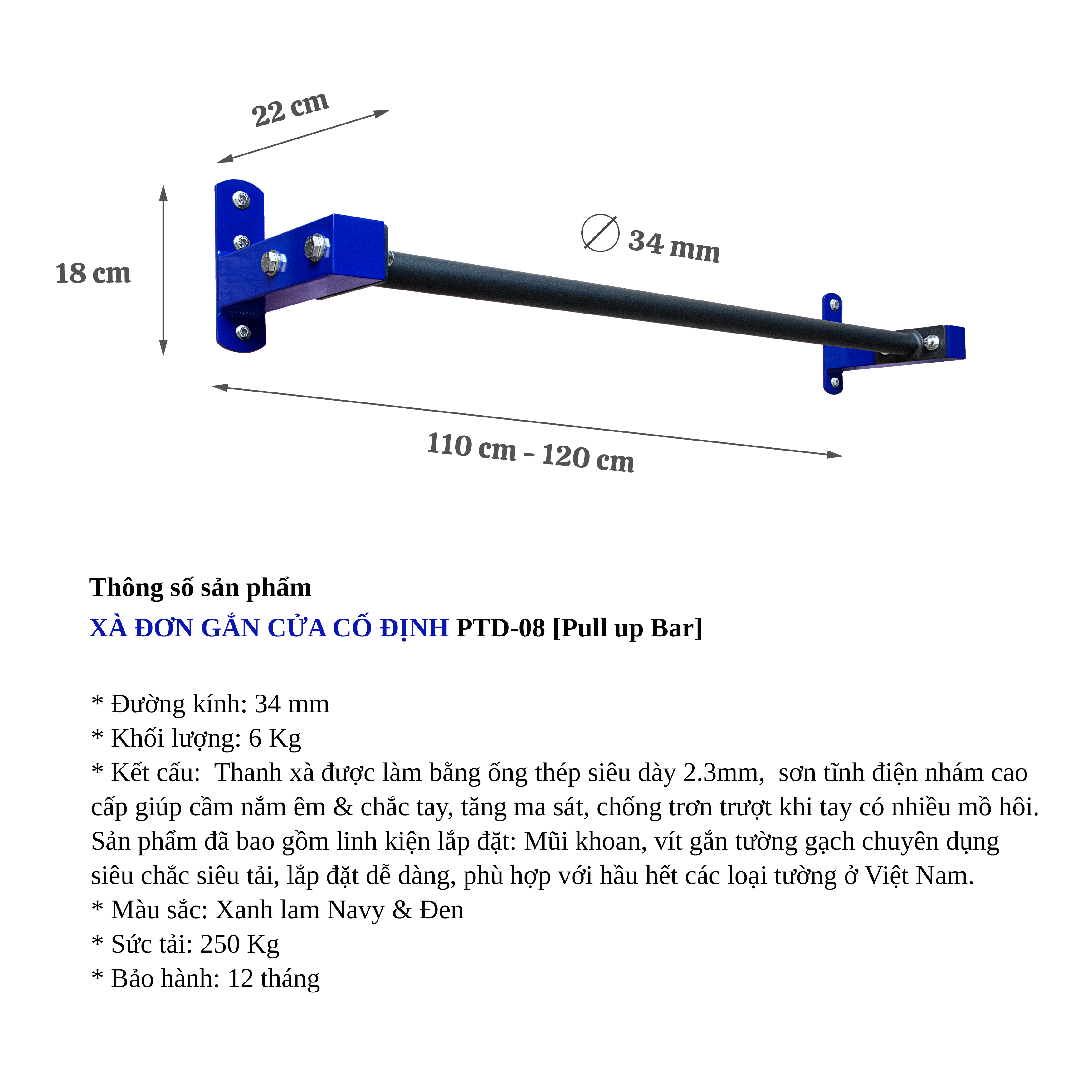 Xà đơn gắn cửa cố định, Doorway Pull up bar Pocorrys PTD-08, Màu xanh đen