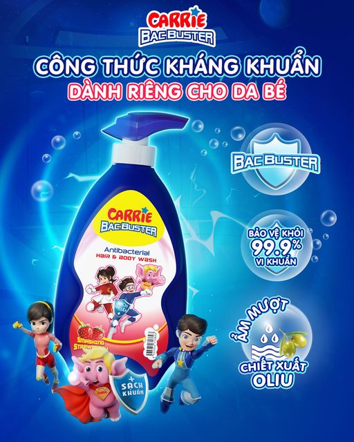 Sữa Tắm Gội Sạch Khuẩn Carrie Junior BacBuster Hương Strawberry 700G