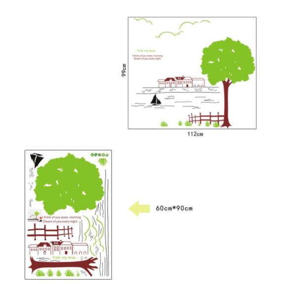 Decal trang trí cây xanh lớn và dòng sông