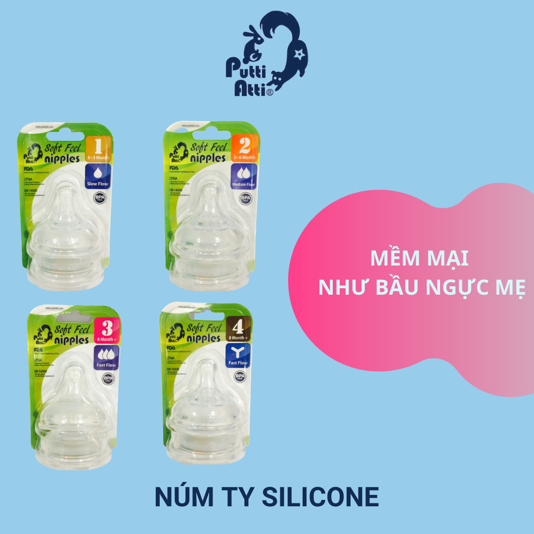 Bộ 2 núm ti silicon siêu mềm chống đầy hơi Putti Atti Hàn Quốc