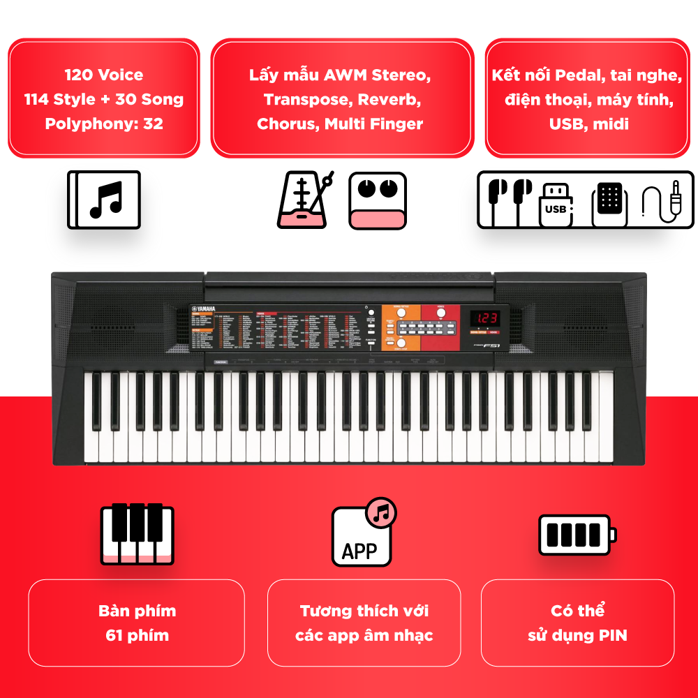 Đàn Organ Yamaha PSR F51 - Màu đen - Hàng chính hãng