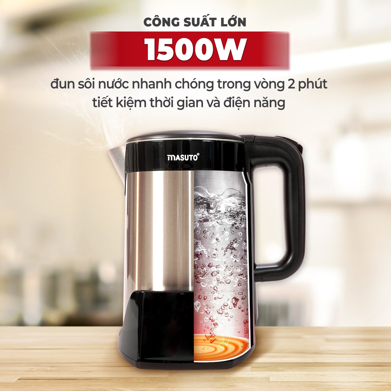 Bình ấm đun nước siêu tốc điện Masuto 1,7L giữ nhiệt tự động 2 lớp chống bỏng công nghệ Nhật Bản 2022-Hàng chính hãng