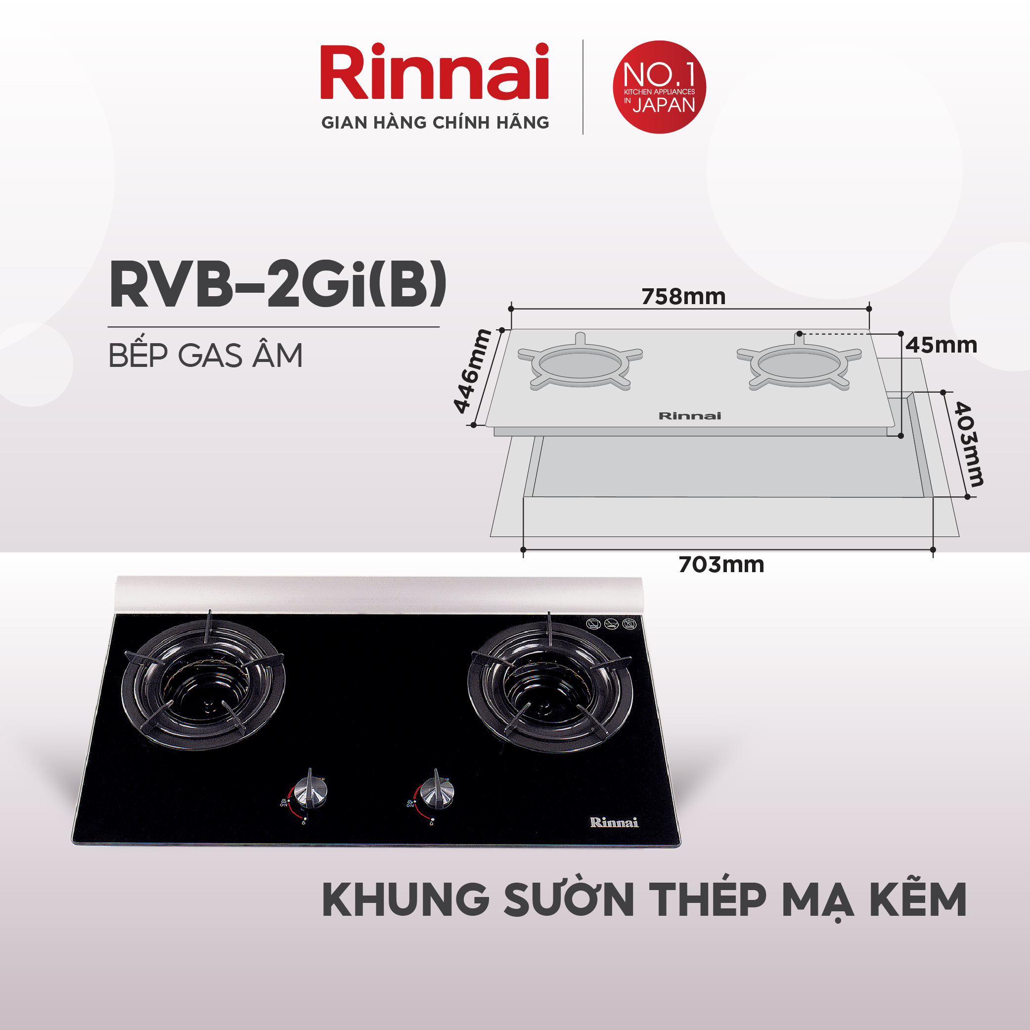 Bếp gas âm đầu đốt trong Rinnai RVB-2Gi mặt bếp kính và kiềng bếp men - Hàng chính hãng