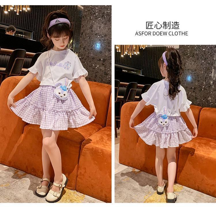 DONGSHOP Cô gái ăn mặc mùa hè phong cách phương Tây 2022 trẻ em Hàn Quốc mùa hè lưới đỏ kẻ sọc ngắn tay áo hai mảnh váy