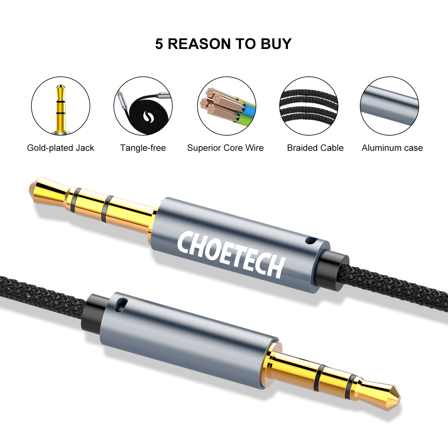 Cáp âm thanh chất lượng cao AUX Audio 3.5mm Choetech AUX002 (Aux Cable 3.5mm Jack Male to Male)- Hàng chính hãng